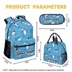 Personalized Shark Backpack with Lunch Box And Pencil Case Set, 3 in 1 Matching Boys Girls Blue Backpacks Combo, Cute Bookbag And Pencil Case Bundle