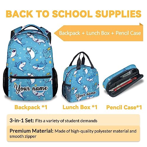 Personalized Shark Backpack with Lunch Box And Pencil Case Set, 3 in 1 Matching Boys Girls Blue Backpacks Combo, Cute Bookbag And Pencil Case Bundle