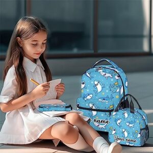 Personalized Shark Backpack with Lunch Box And Pencil Case Set, 3 in 1 Matching Boys Girls Blue Backpacks Combo, Cute Bookbag And Pencil Case Bundle