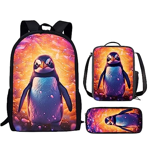 Cute Penguin School Bag For Kids Backpack With Lunch Bag and Pencil Bag, Cool Magical Animal Bag For Children Boys and Girls Bookbag