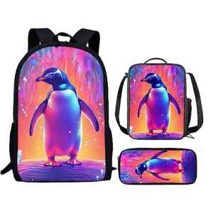 purple cute penguin school backpack for middle school boys bookbag with lunch bag and pencil bag, animals schoolbag rucksack preschool back packs shoulder bags for teens women