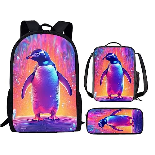 Purple Cute Penguin School Backpack for Middle School Boys Bookbag With Lunch Bag and Pencil Bag, Animals Schoolbag Rucksack Preschool Back Packs Shoulder Bags for Teens Women