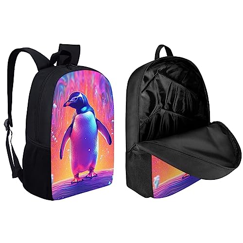 Purple Cute Penguin School Backpack for Middle School Boys Bookbag With Lunch Bag and Pencil Bag, Animals Schoolbag Rucksack Preschool Back Packs Shoulder Bags for Teens Women