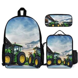 oallpu 3pcs green tractors backpack set large capacity laptop bag, multi-function daypack with adjustable double shoulder strap, lightweight lunch box portable pencil bag