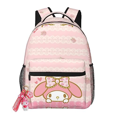 RODES Pink Bow My Bunny Melody Backpack My Bunny Melody Polyester Waterproof Bag Lightweight Travel Camping Backpack Women Daily Handbag Large Capacity Daypack With Keychain