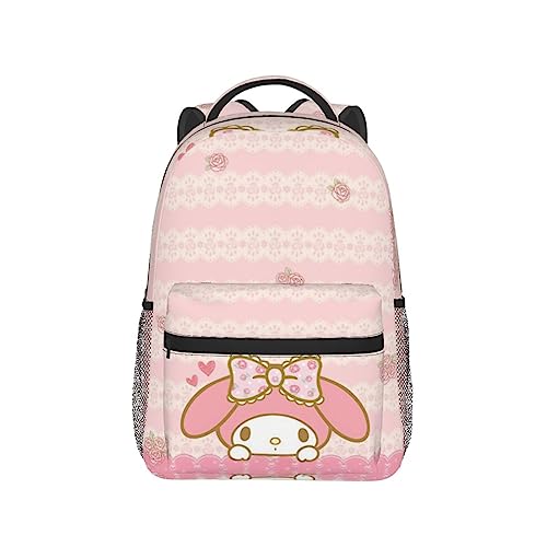 RODES Pink Bow My Bunny Melody Backpack My Bunny Melody Polyester Waterproof Bag Lightweight Travel Camping Backpack Women Daily Handbag Large Capacity Daypack With Keychain