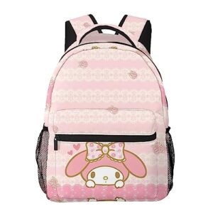 RODES Pink Bow My Bunny Melody Backpack My Bunny Melody Polyester Waterproof Bag Lightweight Travel Camping Backpack Women Daily Handbag Large Capacity Daypack With Keychain