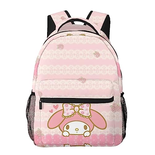 RODES Pink Bow My Bunny Melody Backpack My Bunny Melody Polyester Waterproof Bag Lightweight Travel Camping Backpack Women Daily Handbag Large Capacity Daypack With Keychain