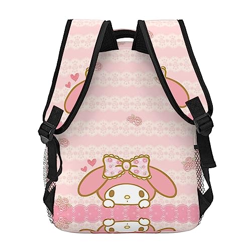 RODES Pink Bow My Bunny Melody Backpack My Bunny Melody Polyester Waterproof Bag Lightweight Travel Camping Backpack Women Daily Handbag Large Capacity Daypack With Keychain