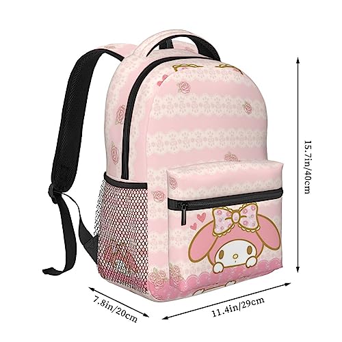 RODES Pink Bow My Bunny Melody Backpack My Bunny Melody Polyester Waterproof Bag Lightweight Travel Camping Backpack Women Daily Handbag Large Capacity Daypack With Keychain