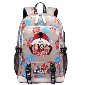 unisex kylian mbappe graphic bookbag lightweight travel knapsack,casual daypack with usb charging port