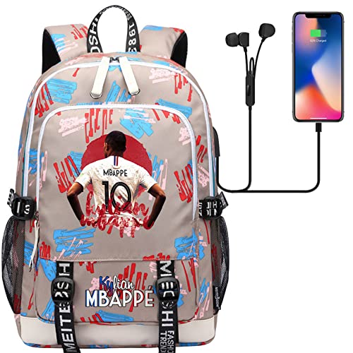 Unisex Kylian Mbappe Graphic Bookbag Lightweight Travel Knapsack,Casual Daypack with USB Charging Port