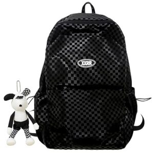 verdancy kawaii backpack for teens school college students travel checkered aesthetic bookbag schoolbag casual daypack (black)