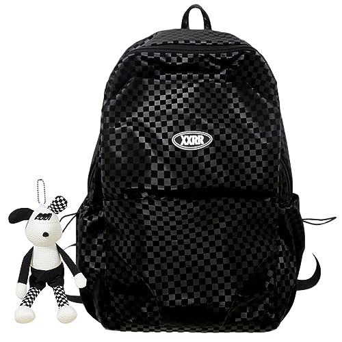 Verdancy Kawaii Backpack for Teens School College Students Travel Checkered Aesthetic Bookbag Schoolbag Casual Daypack (Black)