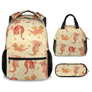 dragon backpack with lunch box, set of 3 school backpacks matching combo, cute bookbag and pencil case bundle