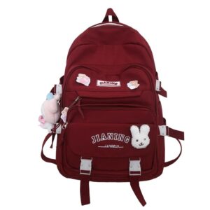 forjmmp aesthetic backpack with kawaii accessories and cute pins, casual daypack with luggage strap for women (red)