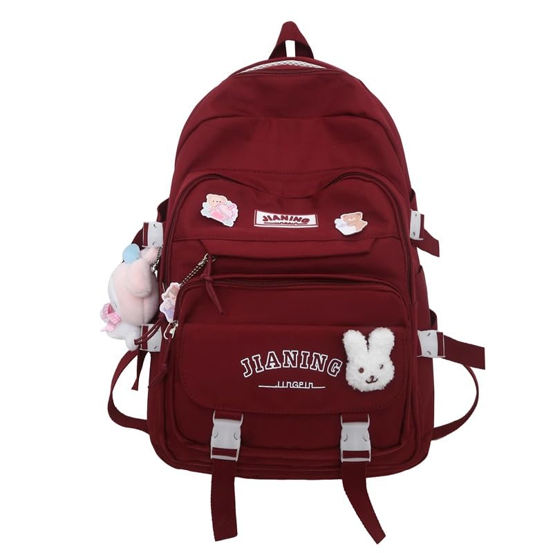 FORJMMP Aesthetic Backpack with Kawaii Accessories and Cute Pins, Casual Daypack with Luggage Strap for Women (Red)