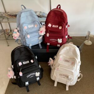 FORJMMP Aesthetic Backpack with Kawaii Accessories and Cute Pins, Casual Daypack with Luggage Strap for Women (Red)