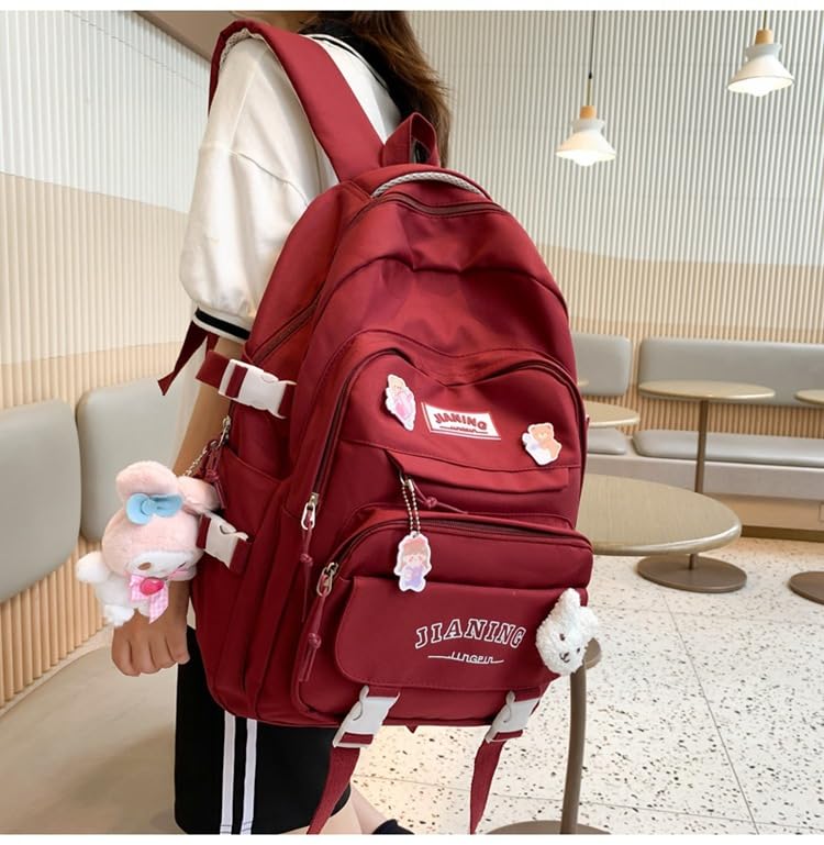 FORJMMP Aesthetic Backpack with Kawaii Accessories and Cute Pins, Casual Daypack with Luggage Strap for Women (Red)