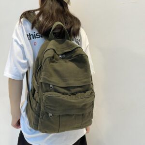 ORINEWS Canvas Backpack Aesthetic Backpack for Women Men Laptop Backpack Vintage Travel Daypack Grunge Dark Green Backpack