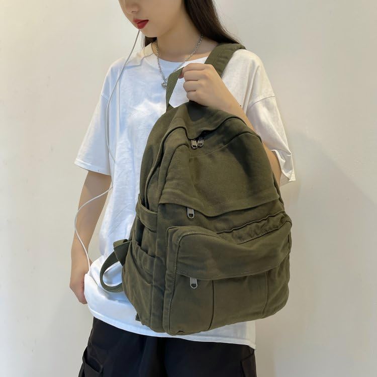 ORINEWS Canvas Backpack Aesthetic Backpack for Women Men Laptop Backpack Vintage Travel Daypack Grunge Dark Green Backpack