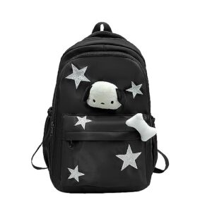 JHTPSLR Preppy Backpack with Plushies Y2K Aesthetic Backpack Sparkling Silver Stars Backpack Book Bags Cute Aesthetic Backpack (Black)