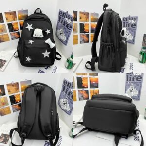 JHTPSLR Preppy Backpack with Plushies Y2K Aesthetic Backpack Sparkling Silver Stars Backpack Book Bags Cute Aesthetic Backpack (Black)