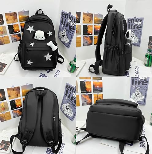 JHTPSLR Preppy Backpack with Plushies Y2K Aesthetic Backpack Sparkling Silver Stars Backpack Book Bags Cute Aesthetic Backpack (Black)