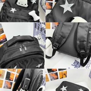 JHTPSLR Preppy Backpack with Plushies Y2K Aesthetic Backpack Sparkling Silver Stars Backpack Book Bags Cute Aesthetic Backpack (Black)