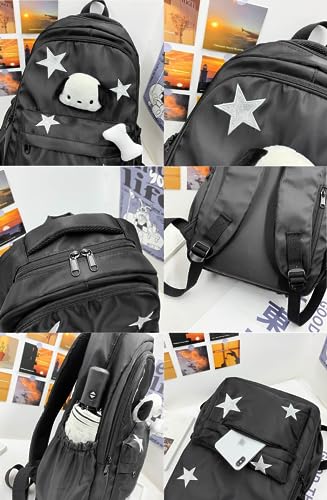 JHTPSLR Preppy Backpack with Plushies Y2K Aesthetic Backpack Sparkling Silver Stars Backpack Book Bags Cute Aesthetic Backpack (Black)