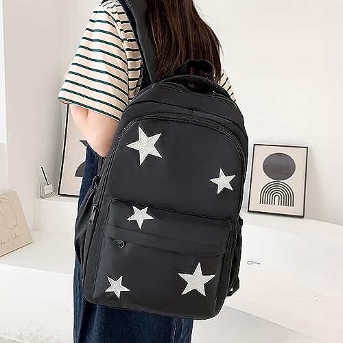 JHTPSLR Preppy Backpack with Plushies Y2K Aesthetic Backpack Sparkling Silver Stars Backpack Book Bags Cute Aesthetic Backpack (Black)