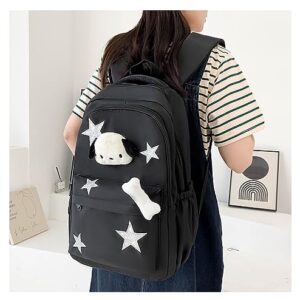 JHTPSLR Preppy Backpack with Plushies Y2K Aesthetic Backpack Sparkling Silver Stars Backpack Book Bags Cute Aesthetic Backpack (Black)