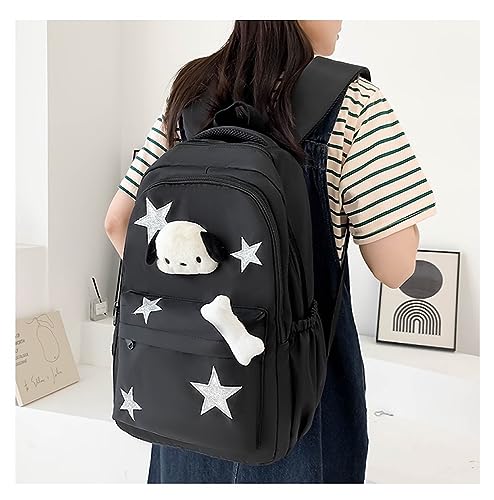 JHTPSLR Preppy Backpack with Plushies Y2K Aesthetic Backpack Sparkling Silver Stars Backpack Book Bags Cute Aesthetic Backpack (Black)