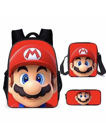 MARALICIA Mario Backpack Set of 3 Lunch Bag, and Pencil Bag Large 16 Inches Anime Cartoon (#17)