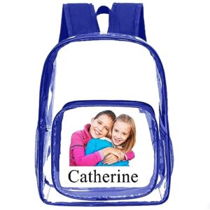 amlion custom clear backpack with name personalized transparent backpacks,customized logo photo clear pvc backpacks heavy duty for college workplace travel sports(blue photo)
