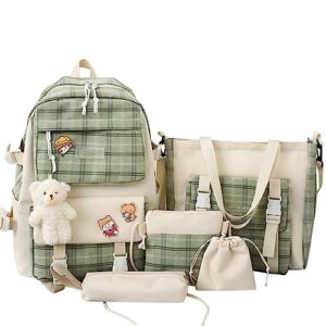 sanley 5pcs kawaii backpack set with cute bear accessories backpack casual backpack travel backpack cute backpack(01-green backpack)