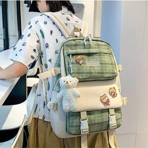 Sanley 5Pcs Kawaii Backpack Set with Cute Bear Accessories Backpack Casual Backpack Travel Backpack Cute Backpack(01-Green Backpack)