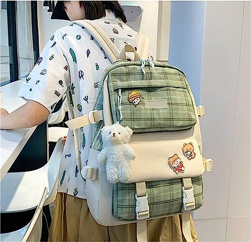 Sanley 5Pcs Kawaii Backpack Set with Cute Bear Accessories Backpack Casual Backpack Travel Backpack Cute Backpack(01-Green Backpack)