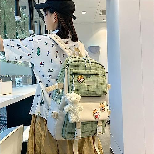 Sanley 5Pcs Kawaii Backpack Set with Cute Bear Accessories Backpack Casual Backpack Travel Backpack Cute Backpack(01-Green Backpack)