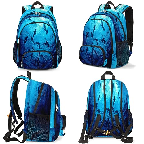 Ocean Animal Sharks Backpack for School Girls Boys,School College Backpack Rucksack Travel Bookbag Student Classics Backpack Cute Book Bags With Chest Strap