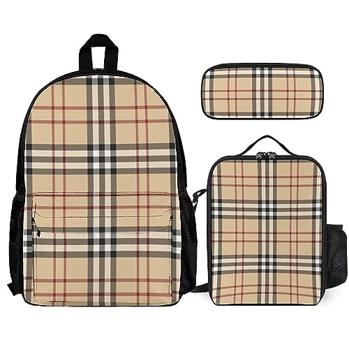 JZDACH Adults Daypack - Beige Plaid Stripes Pattern Bookbag 3 Piece College Daypack Traveling & Camping Backpack, 3 Piece Daypack Climbing Shoulder Bag