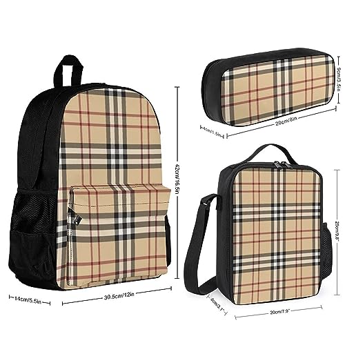 JZDACH Adults Daypack - Beige Plaid Stripes Pattern Bookbag 3 Piece College Daypack Traveling & Camping Backpack, 3 Piece Daypack Climbing Shoulder Bag