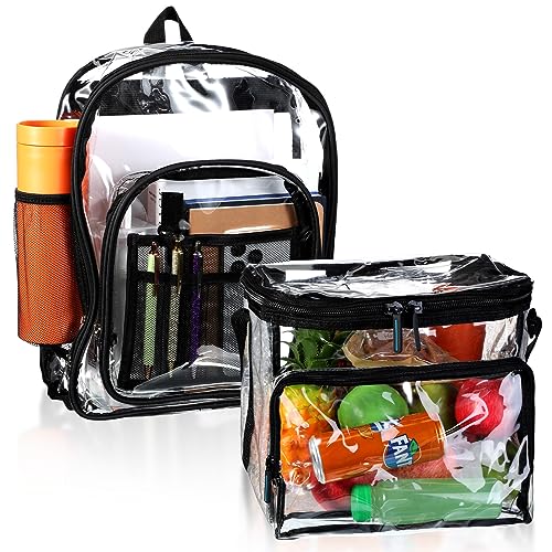 Paterr 2 Pcs Clear Backpack Set Clear Lunch Bag Plastic PVC See Through Heavy Duty Clear Tote Bag Stadium Approved with Zippers Adjustable Shoulder Straps for Work Travel Women Men Officers Festival