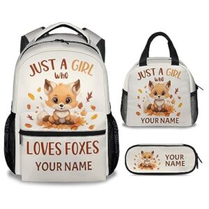 fuzzyfit personalized fox backpack with lunch box set for kids, 3 in 1 school backpacks matching combo, custom cute light orange bookbag and pencil case bundle