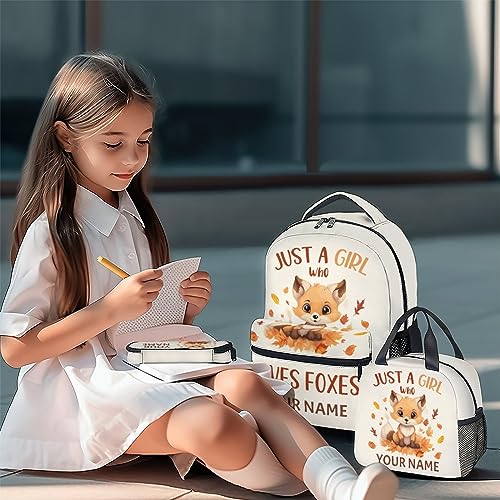 FUZZYFIT Personalized Fox Backpack with Lunch Box Set for Kids, 3 in 1 School Backpacks Matching Combo, Custom Cute Light Orange Bookbag and Pencil Case Bundle