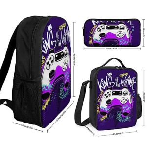 NAWFIVE Gamepad Graffiti King Backpack with Lunch Box And Pencil Case Set Game Gaming Art Travel Daypack Bookbag for Men Women Laptop Backpack 3pcs