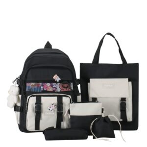kovpifb kawaii backpack cute style 5 pcs backpack set,cute plush pendants & pins aesthetic school bags for teen girls black