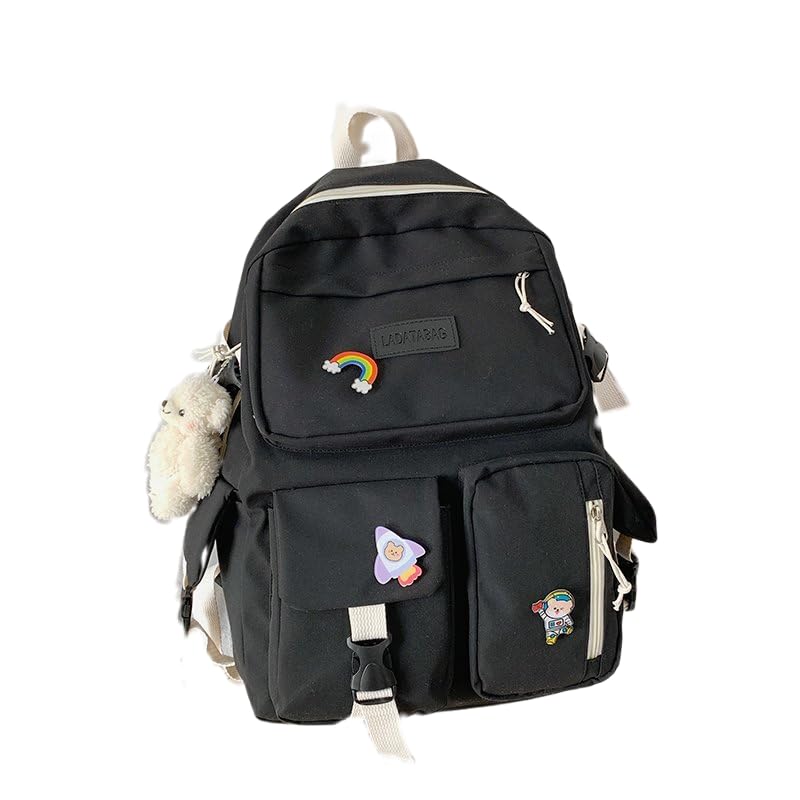 Splendrive Cute backpack with cute accessories aesthetic Outdoor Daypack (Black)