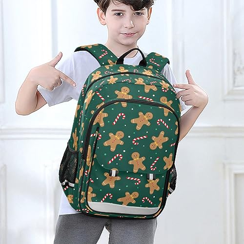 JHKKU Gingerbread Man Candy Cane School Backpack for Boys Girls Portable Wide Shoulder Strap Elementary School Bag Lightweight Travel Daypack with Reflective Strip