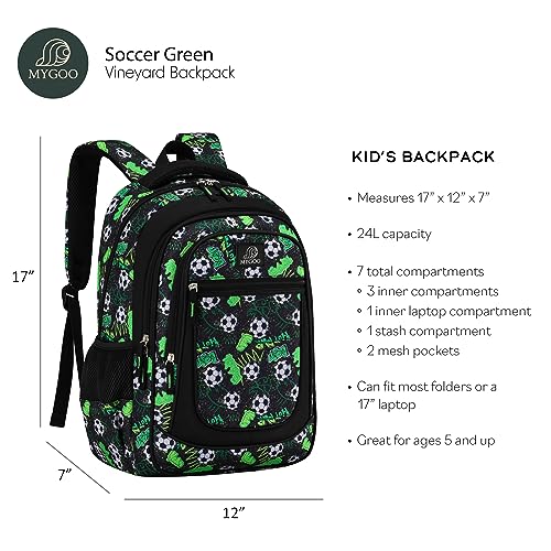 MYGOO Kids Backpack for Boys | School Backpack for Teen | Vineyard Collection | 17" tall | Soccer Green